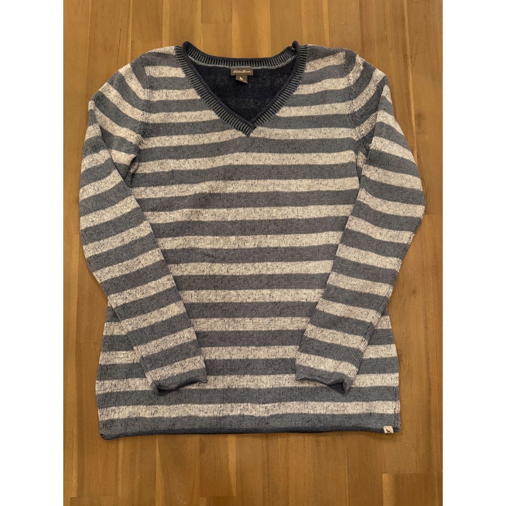 Eddie Bauer Striped V Neck‎ Long Sleeve Sweater Women's Blue Grey Casual Comfort
